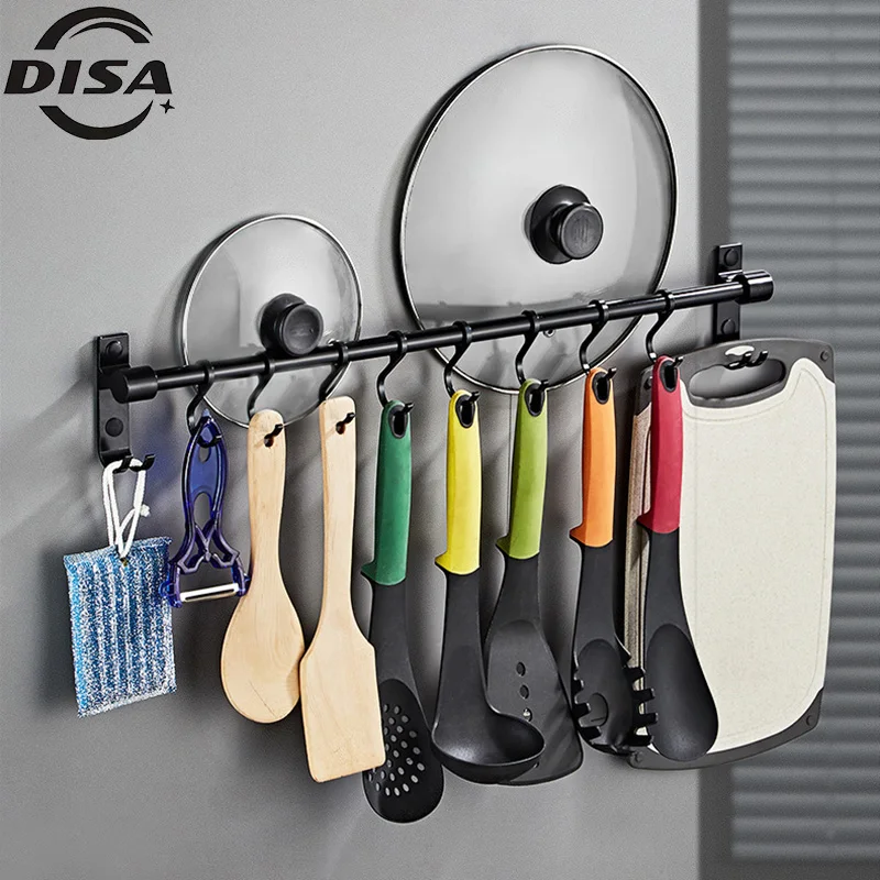 

Kitchen Utensil Hook Rack Aluminum Wall Mounted Pantry Tool Holder Black Bathroom Sundry Hook Hanging Rod Shelf Organizer