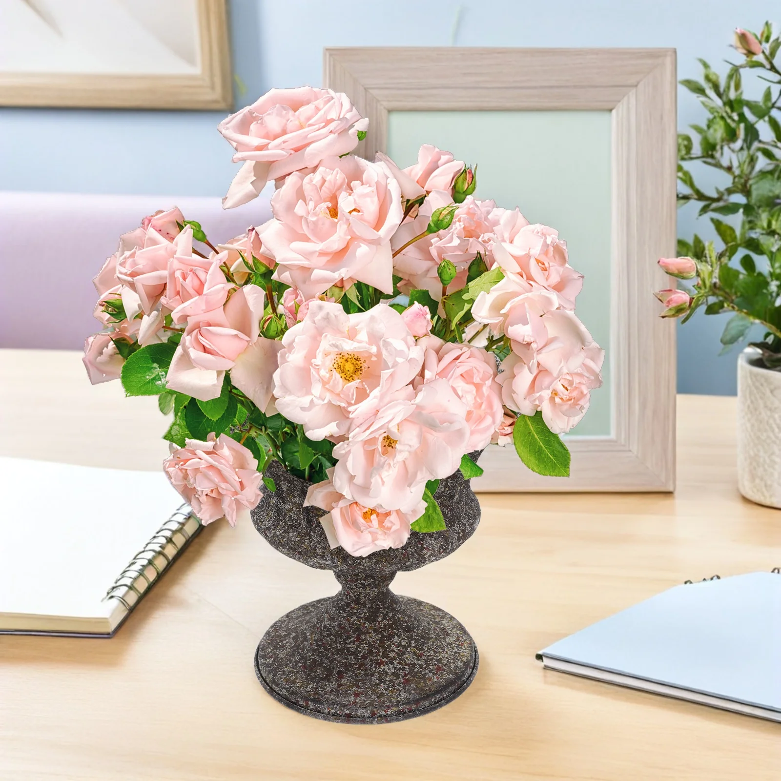 

Vintage Metal Vase Iron Flower Vessel Distressed Rustic Large Farmhouse Olive Green for Decor Dried