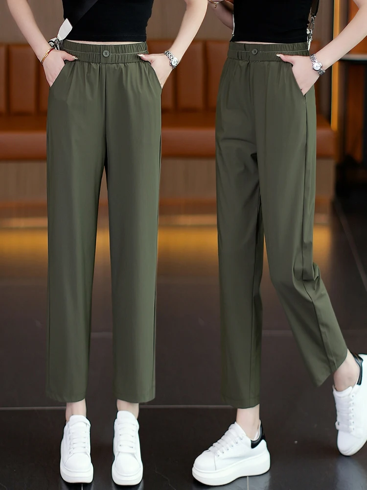 

Qui Dry Спортивные брюки женские летние тонкие новые повседневные брюки Harlan из ледяного шелка с высокой талией прямые брюки для поездок на работу Sle