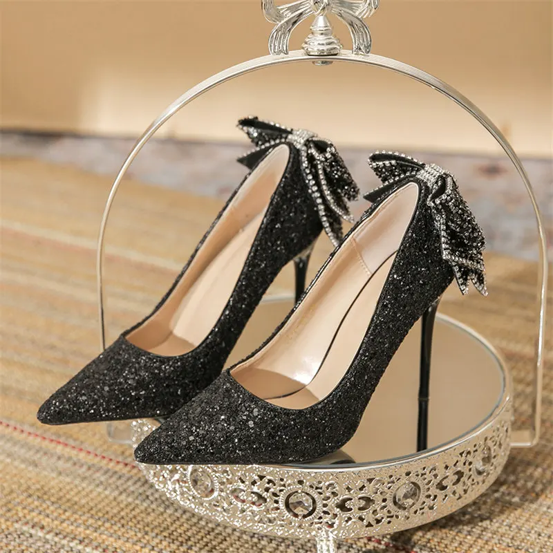 Sweet Bowknot Pumps Women New Silver Bling Sequins Wedding Party Shoes Woman Luxury Bling Upper Dress Heels Party Shoes