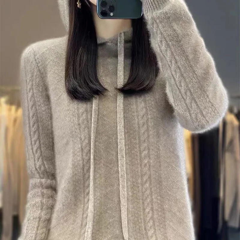 Camicia a maniche lunghe con temperamento in lana casual nuovo maglione con cappuccio lavorato a maglia da donna autunno e inverno