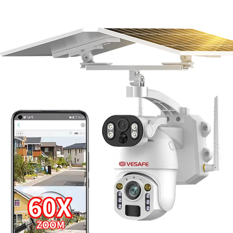 VESAFE Outdoor Dual Lens 4g Sim Card Camera PTZ 6MP 60X ZOOM Solar Panel 12w 2 Pir Cctv Network Security Cameras