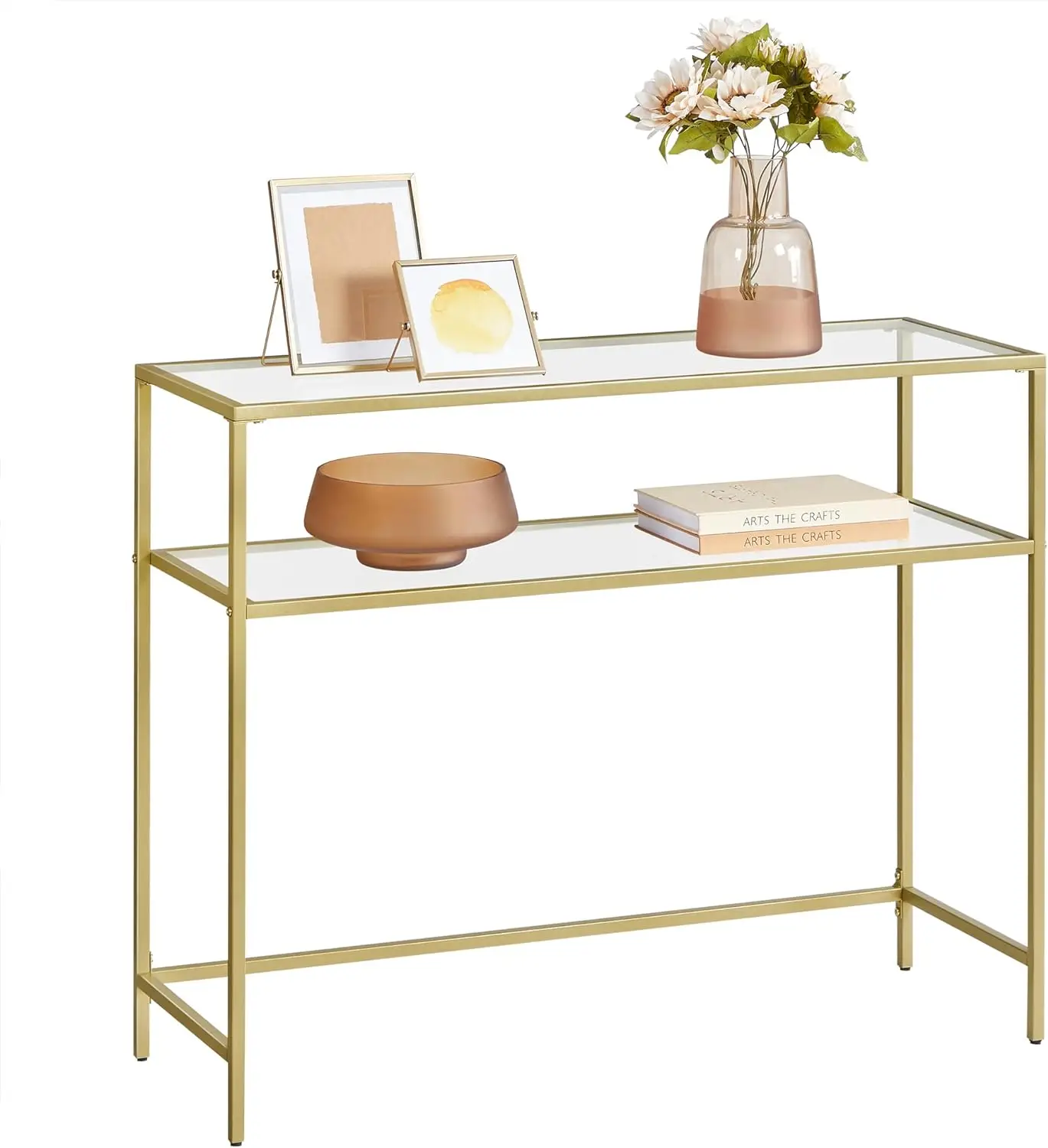 39.4 Inch Console Sofa Table,Entryway Table, Tempered Glass Table, Metal Frame, 2 Shelves, Adjustable Feet, for Living Room,Gold