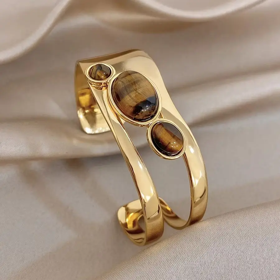 Retro Tiger Eye Stone Beads Cuff Bangle for Women Glossy Geometric Gold Plated Stainless Steel Wide Bracelets Waterproof Jewelry