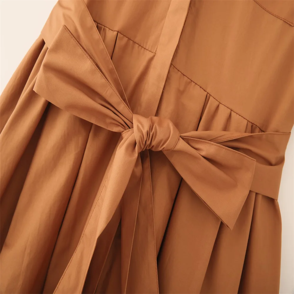 European and American style women's autumn new style temperament slim fit short sleeved waist cinched lace up poplin dress