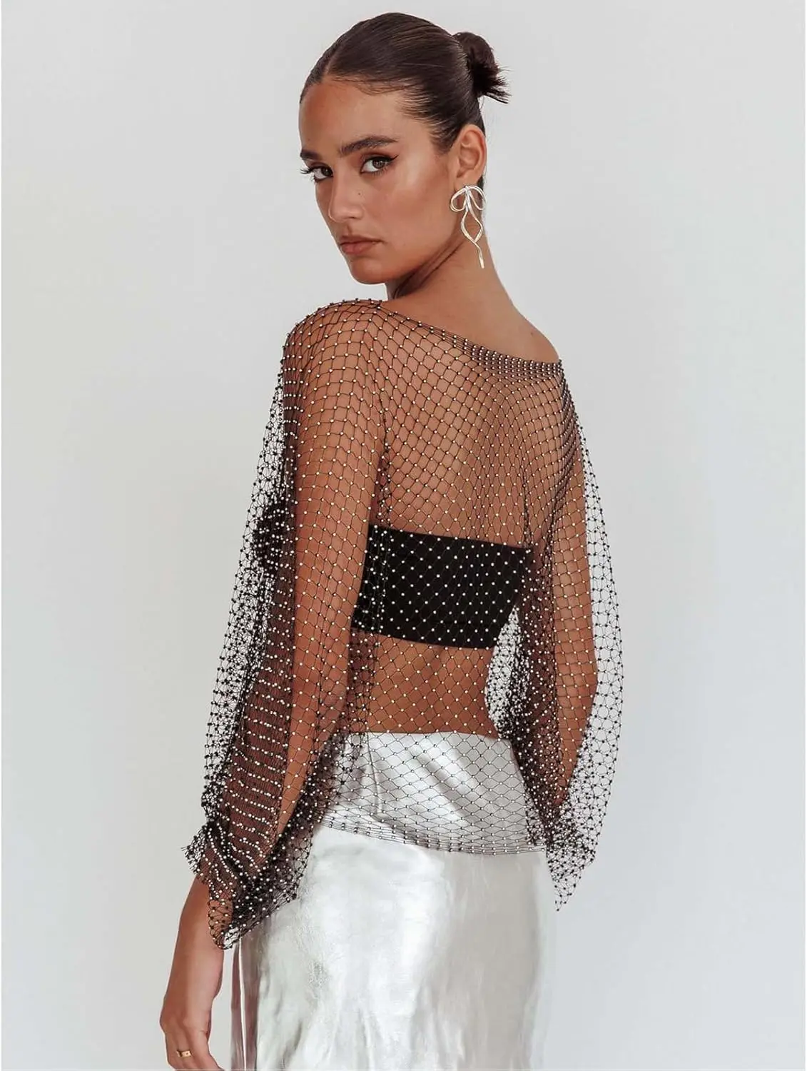 Women Rhinestone Crop Top Long Sleeve Fishnet Tops Bikini Cover Up for Concert Party Festival