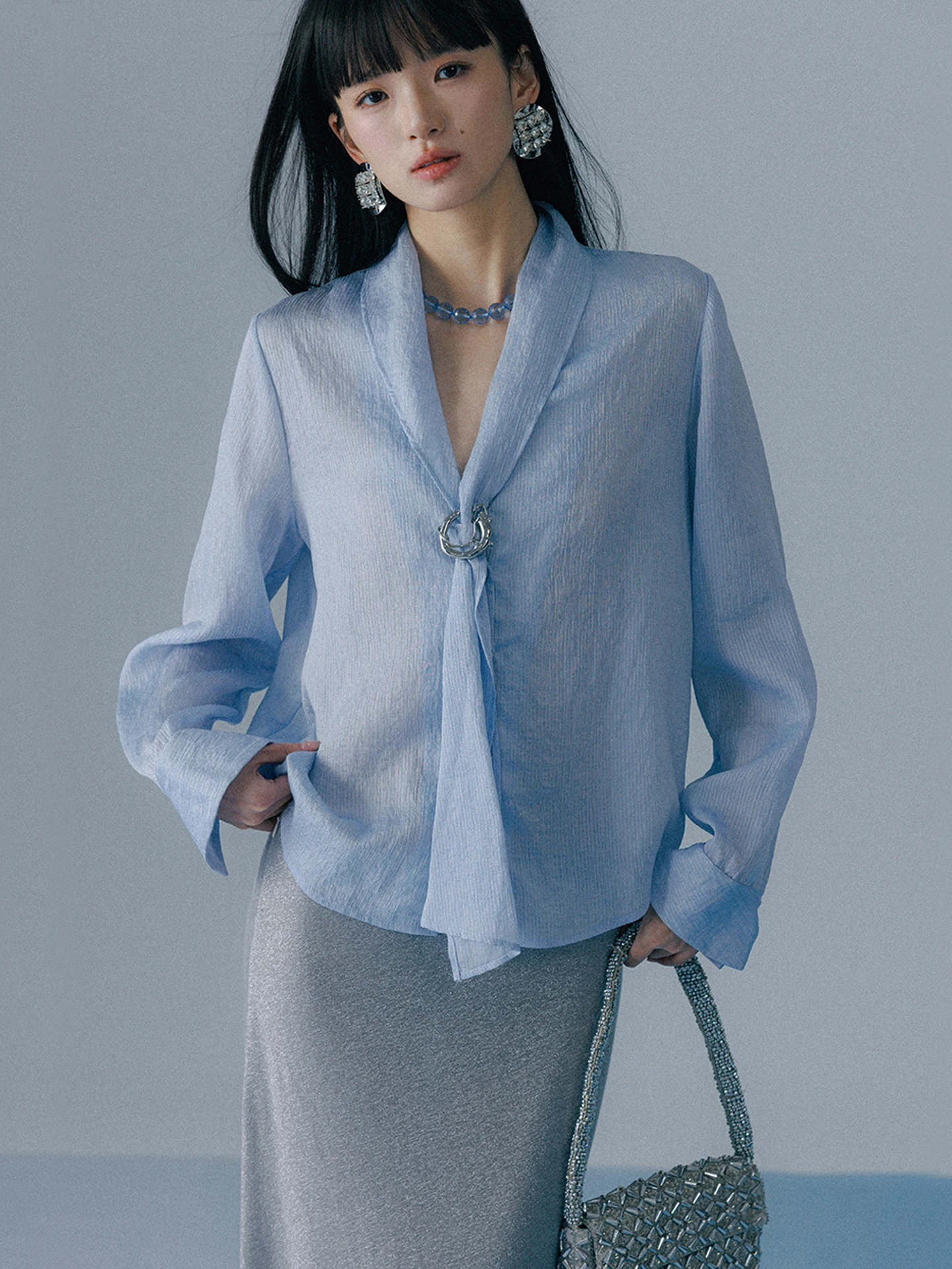 

Fashionable Commute Series V-Neck Sash Long Sleeve Shirt Silk Linen Women's Premium Shirt French Style Straight Cut Summer 2026