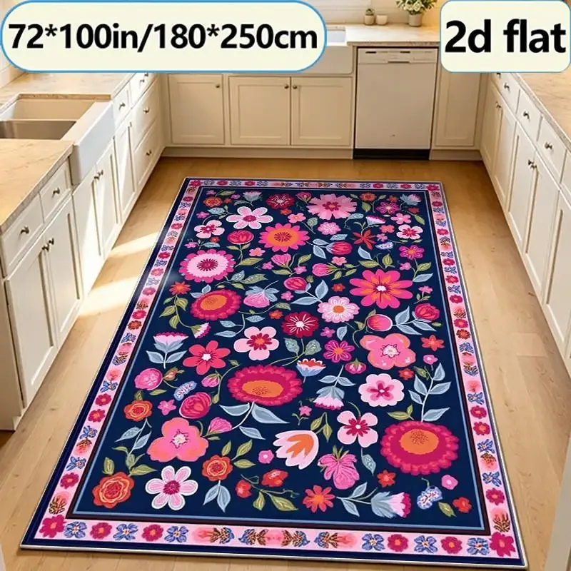 Bohemian Style Colorful Floral Square Carpet Floor Decoration with Bright Floral Border Pattern, Non-Slip Carpet Suitable for Li