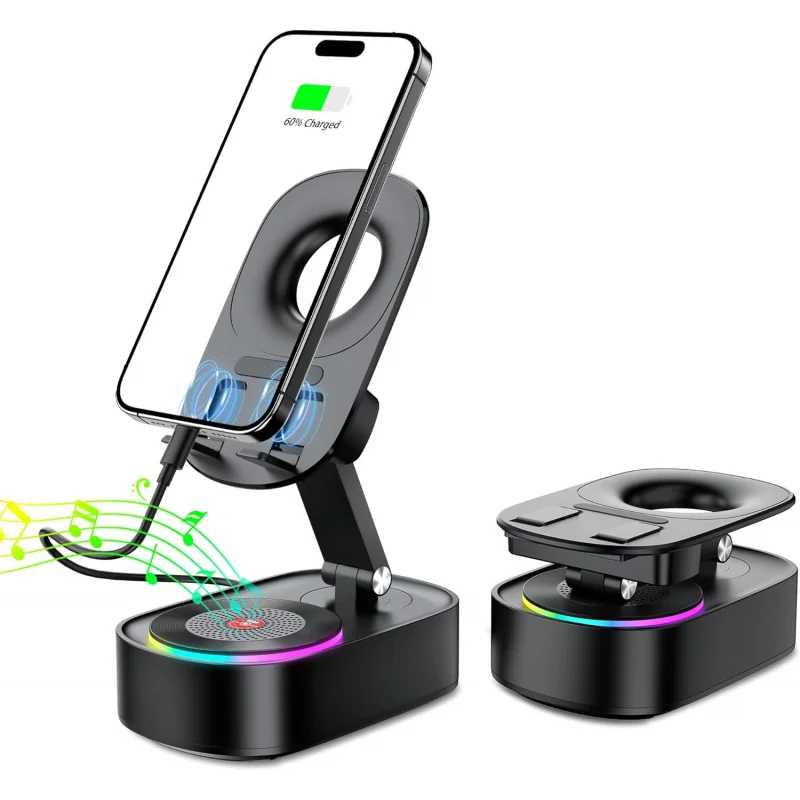 

Induction ,Cell Phone Stand Wireless Bluetooth Speaker,5 in1 iPhone Holder with Colorful Light,Emergency Re