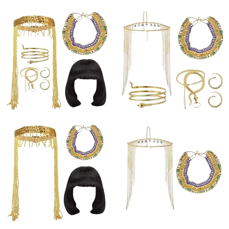 Women Egyptian Dress Up Accessory Set, Egyptian Headpiece Head Chain, Collar Necklace, Snake Bracelet For Theme Party