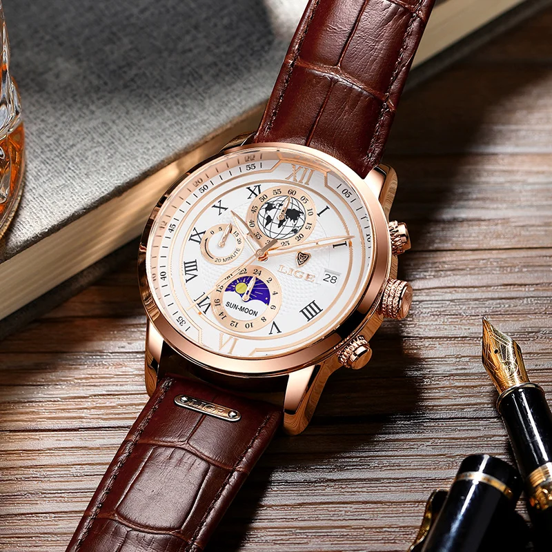 LIGE Leather Men Watches Fashion Creative Luminous Big Dial Chronograph Man Watch Casual Waterproof Business Quartz Wristwatches