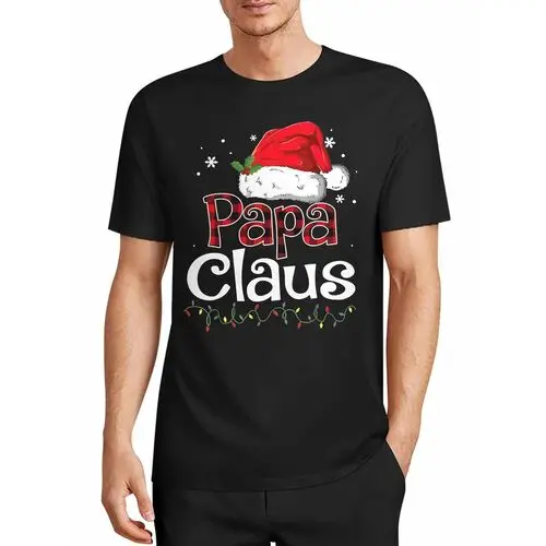 Santa Claus Plaid Christmas Hat and Lights Print T-Shirt Men's Christmas Family Matching Black Short-Sleeve