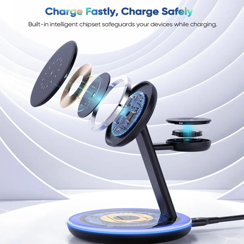 2025 ใหม่ 3 ใน 1 Wireless Charger ขาตั้งแม่เหล็กสําหรับ iPhone Fast CHARGING Station สําหรับ Apple Watch 9 8 7 6 5 Airpods 2 3 Pro