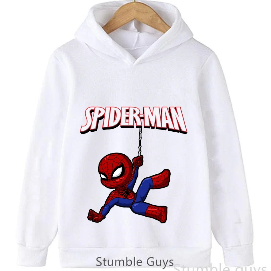Kids Unisex Hoodie Cute Chibi Red Web Hero Hanging On Silk Rope Print Long Sleeve Pullover Sweatshirt Autumn Casual Hooded Tops