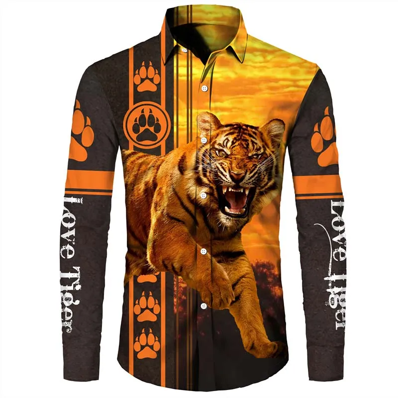 Camisa de manga larga con estampado de tigre para hombre, Top de manga larga con estampado de León en 3D, ropa de calle informal para exteriores,