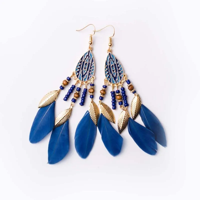 Venta al por mayor de pendientes colgantes con borlas de plumas para mujer, pendientes largos geométricos esmaltados coloridos bohemios, cuentas, joyería hecha a mano