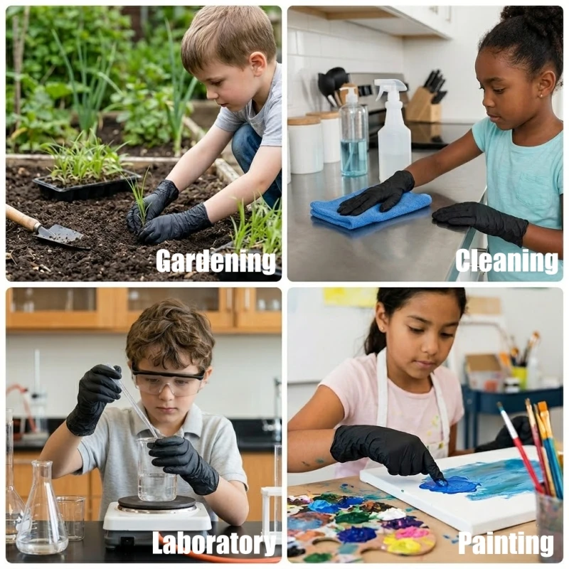 Schwarze Nitril-Einweghandschuhe für Kinder von 4-12 Jahren, 3,5 mil, latexfrei, Sicherheitshandschuhe für Kinder zum Gärtnern, Malen, Spielen und Basteln. – Detail 9
