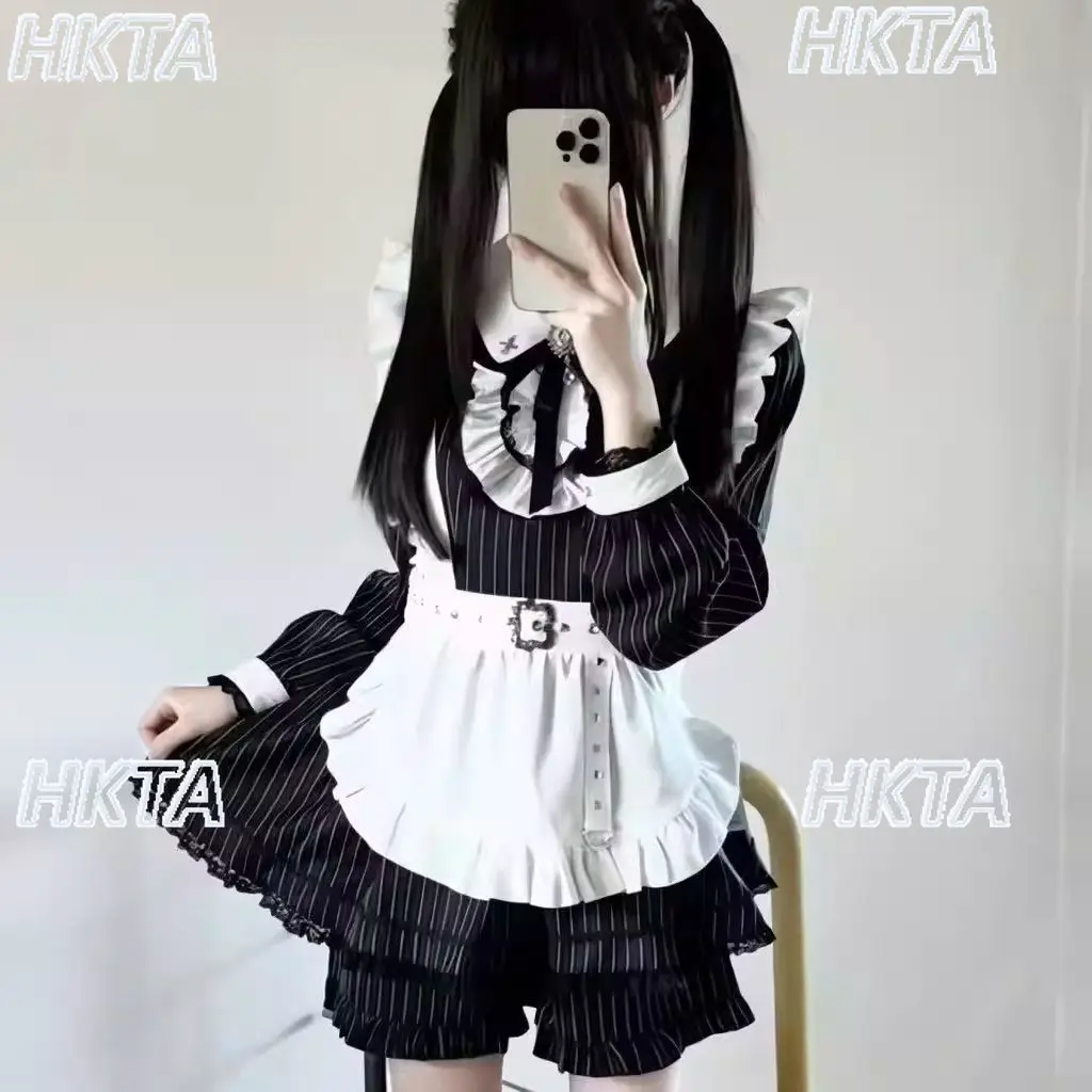 Japanese Mass Produced Subculture Dark Sweet Cool Goth Y2k Striped Two Dimensional Cosplay Lapel Lace Bow Dress Shorts Set Women