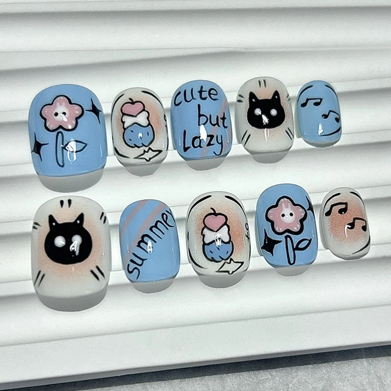 10 Pieces Painted Graffiti Art Press On Nails Handmade Blue Blush Kitten Flowers Cute Short Wear Nails Fake Nails