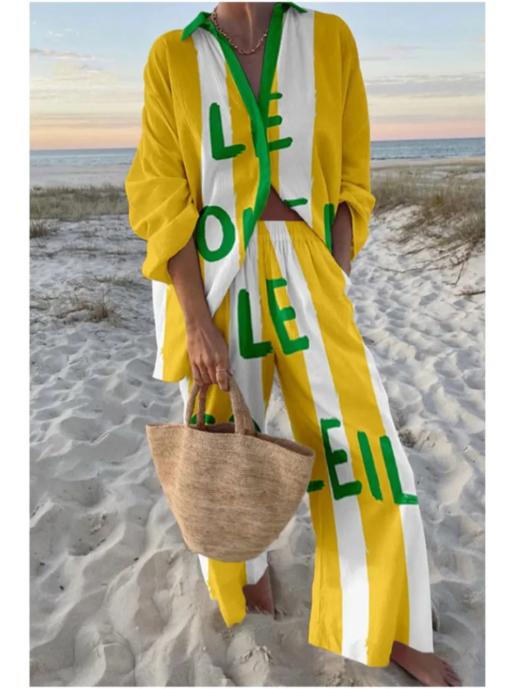 موضة التلبيب كم طويل واحدة الصدر قميص علوي + السراويل 2 قطعة مجموعة المرأة شاطئ البحر عطلة نمط طباعة دعوى أنثى عادية #5