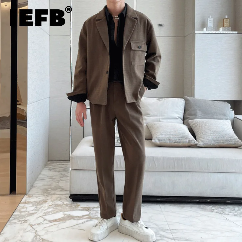 IEFB Business Casual Men's Suit Woolen Single Breasted Lapel Solid Color Blazers Straight Leg Pencil Pants Male Two-piece 9C8382