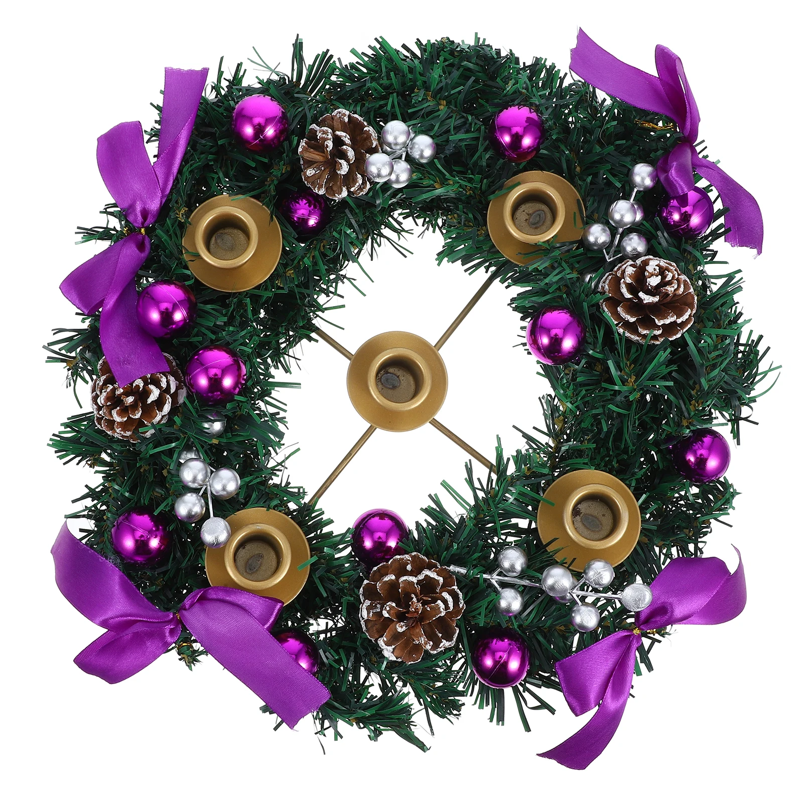 

Christmas Wreath Candles Holder with 5 Spots Purple Ribbons Glitter Berries Iron Base Festive Centerpiece Decoration Xmas