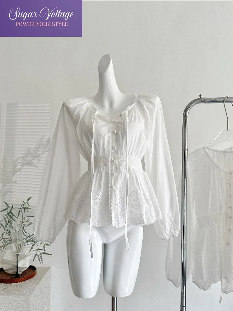 Autumn New French Elegant Sweet Office Blouse Women Embroidered Waist Cinched V-Neck Long Sleeved Button Shirts Fit Slim Tops