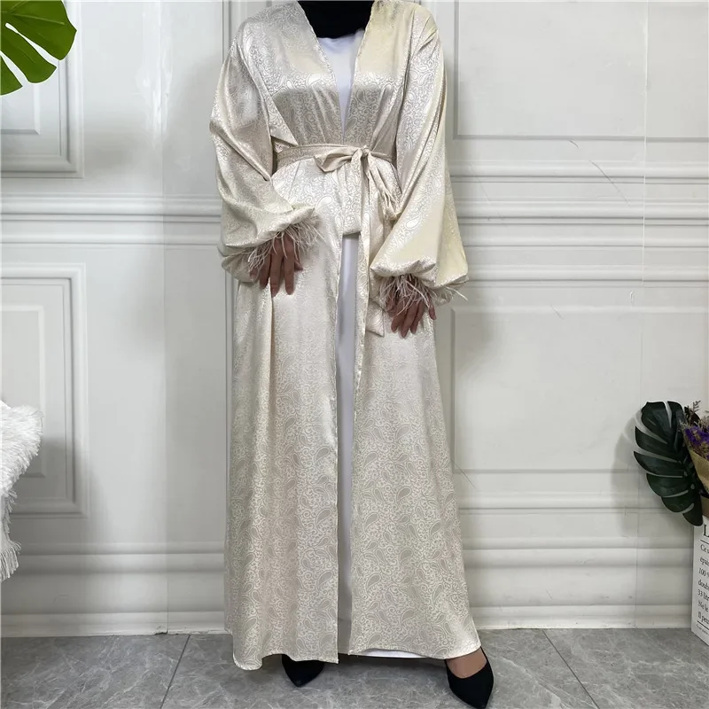 Satin musulman Abaya femmes Robe imprimer plume maroc fête longue Robe Islam turquie dubaï Eid Ramadan Robe Kimono Cardigan Kebaya