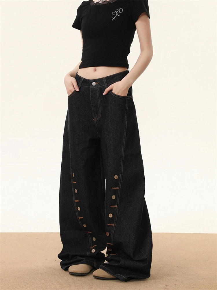 

Women's Button Pattern Loose Wide Leg Jeans High Waist Large Size Trousers Cool Girl Casual Bottoms Female Summer Curved Pants