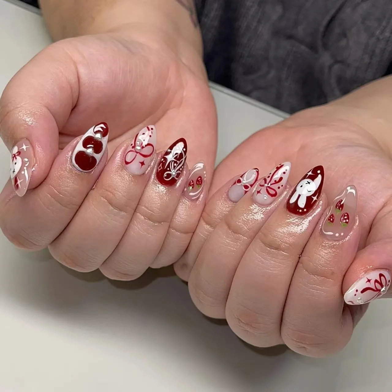 

24PCS Cute Cartoon Rabbit Almond Press on Nails Retro Red Bowknot with Pearl Sweet French Fake Nails for Women Wearable Nail Tip