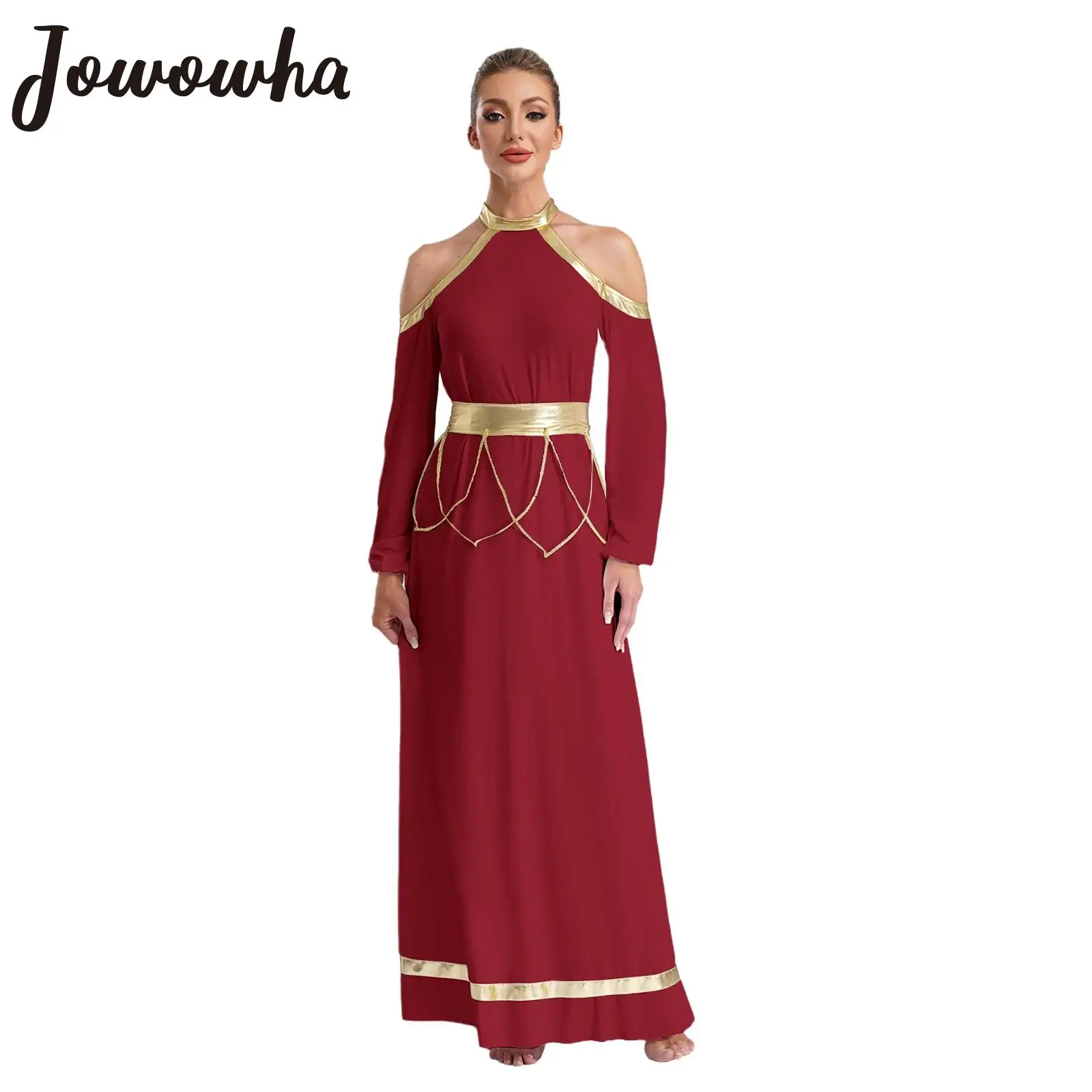 Robe de danse lyrique louange pour femme, manches longues, garniture métallique, robe avec ceinture, chœur d'église, culte liturgique, performance, vêtements de danse