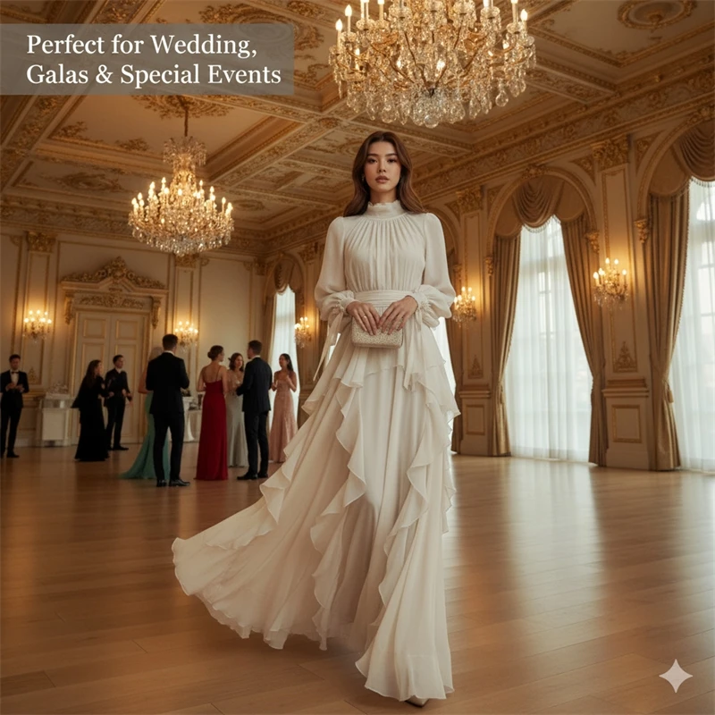 

Chic White Evening Dress – Turtleneck Lantern Sleeves & Ruffled High Waist Maxi Dress for Weddings