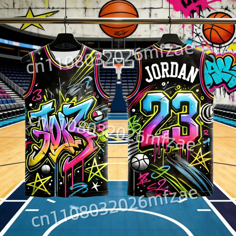 Nouveautés 2026 : Maillot de basketball Jordan N°23 style graffiti urbain hip-hop pour homme – Maillot spécial fan, idéal plage et surf