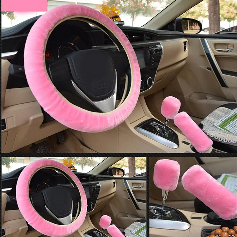 

Warm Car Steering Wheel Cover Gearshift Handbrake Cover Pink Collar Women Man Decoration Black Plush Thick Super Protector Z9J9