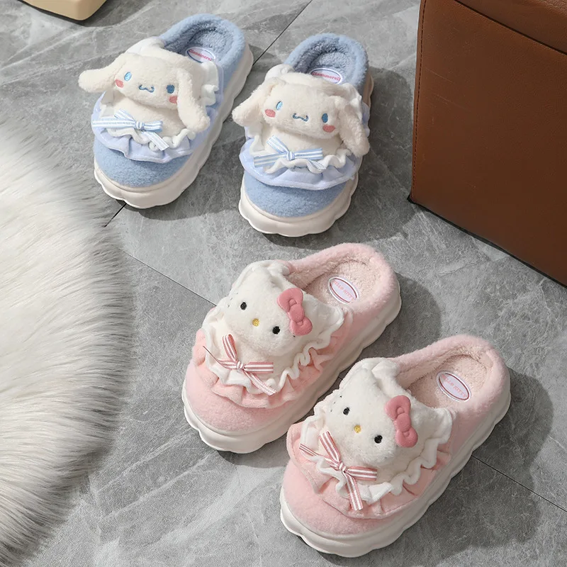 Winter Slippes Warm Slides MINISO Kuromi Hello Kitty Antislip Shoes In Door Cinnamoroll Cute Sweet