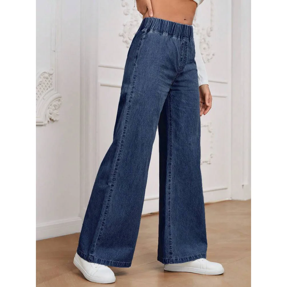 Womens Pants Y2k Jeans Elastic Waist Relaxed Fit Wide Leg Loose Casual Trousers Stretchy Lightweight Fabric Fashion Simple