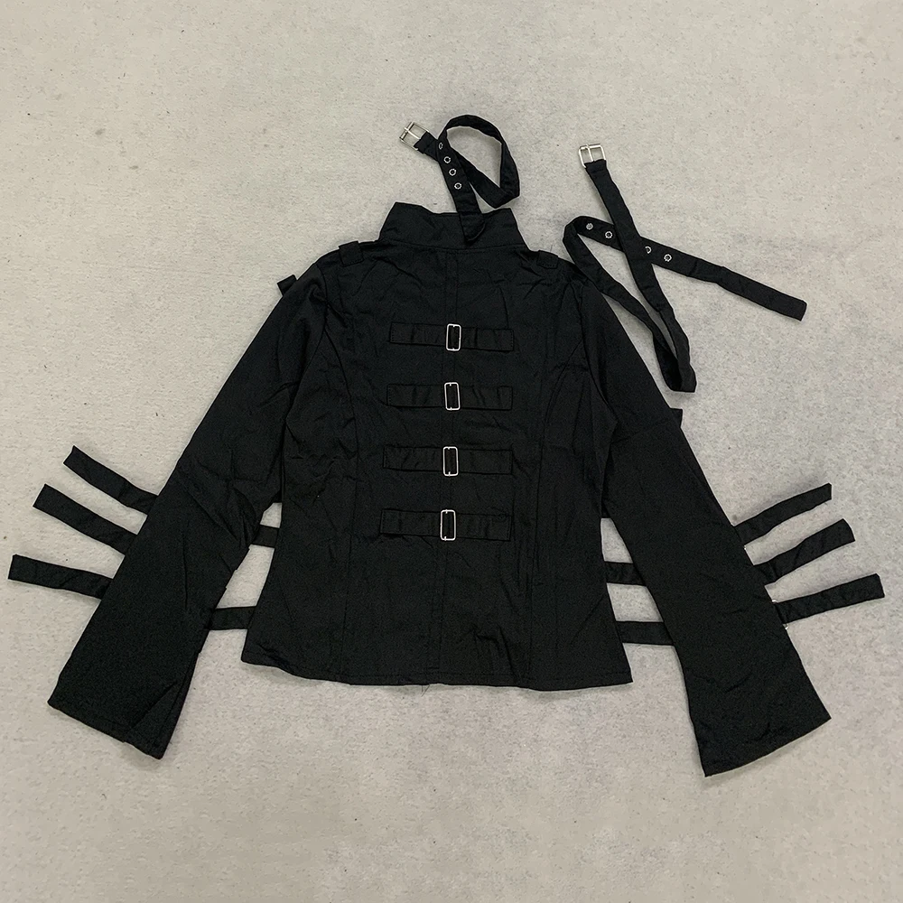 Herbst- und Winterjacke im neuen Gothic-Stil mit Metallschnallen-Design, Y2K, dunkel, schmal geschnitten – Detail 7