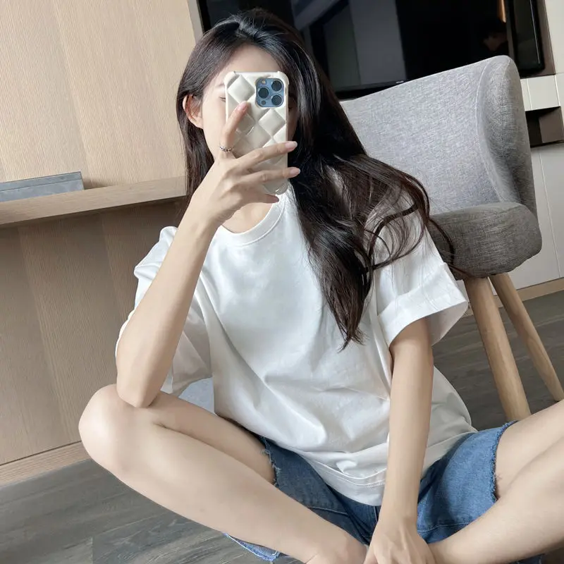 

Korean Round Neck Short Sleeved T-shirt for Women Black and White Loose and Versatile Cotton Half Sleeve Large Top Summer 2024