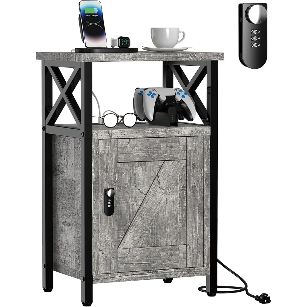 

Wooden Nightstand with Lock, Bed Side Table with Drawers, Bedside Table with Charging Station, 3 USB & 2 Outlets, Night Stand wi