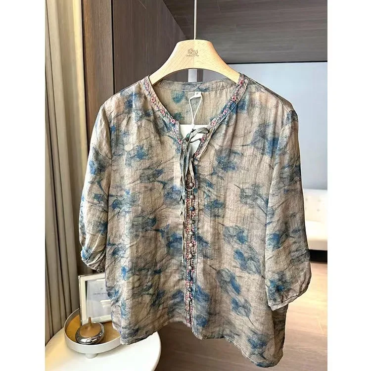 Retro chińska bluzka damska z nadrukiem, z bawełny i lnu, letnia, cienka, codzienna, luksusowa, modna, o luźnym kroju.