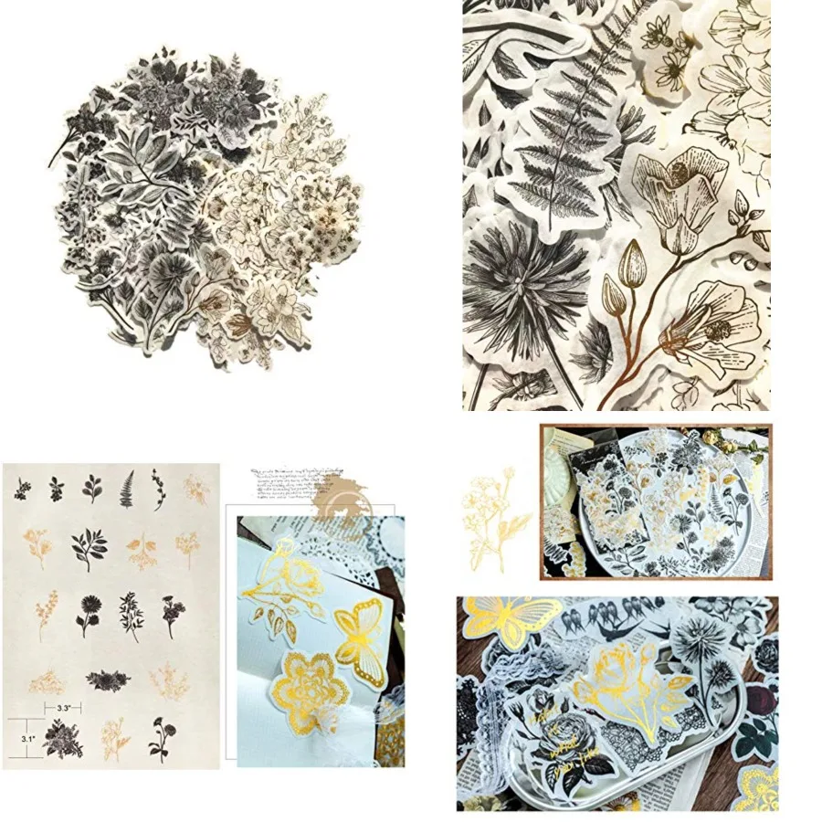 

Vintage Zen Botany Flower Washi Sticker Pack Artsy Natural Black-and-White Plants with Golden Sketch Decals Collection for Jour
