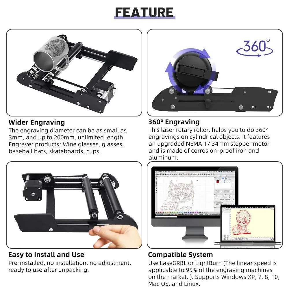 Máquina de grabado láser con eje Y CNC, módulo grabador giratorio de 360 °, mesa de rodillo giratorio, objeto cilíndrico, copa de vino, bricolaje