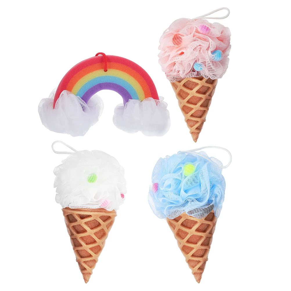 

4pcs Ice Cream Bath Balls Cone Shape Soft Material Rich Foam Sponge Loofahs Body Scrubber Kids Travel Reusable Bath Accessories