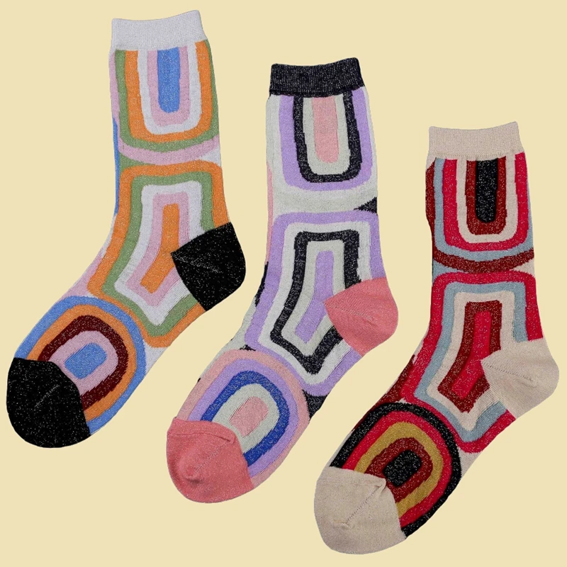 

3 Pairs Socks Set for Women Street Tide Colorful Sock Knitted Cotton Sott Cozy Socks Retro Geometric Pattern Middle-tube Socks