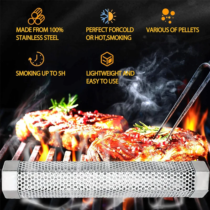 6/12 inch BBQ Stainless Steel Smoker Grill Tube Hexagon Spice Smoked Box Mesh smoking tube for both hot and cold smoking