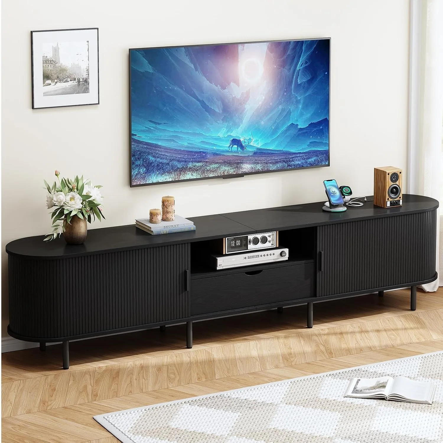 94.5 Inch TV Stand With Power Outlet Storage Drawers Media Console Fits TVs Up To 102 Inch Entertainment Center, Custom