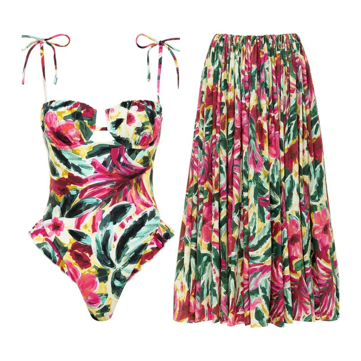 

Strap Strapless One-piece Swimsuit for Women 2025 New Half Body Mesh Skirt Two-piece Set Female Sexy Printed Monokini Swimwear