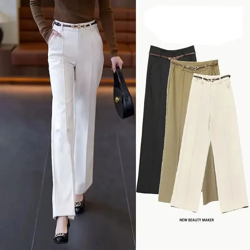 

White Pants Spring Autumn High Waist Women Suit Trousers Advanced Sense Office Ladies Elegant Straight Trousers Black Khaki Pant