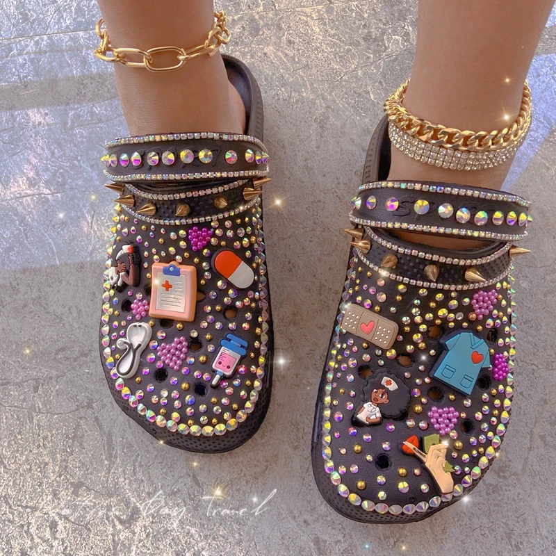 Women Shoes Sandals Summer Slippers Rivet Soft Garden Shoes Bling Clogs With Charms Female EVA Casual Shoes Plus Size 36-44