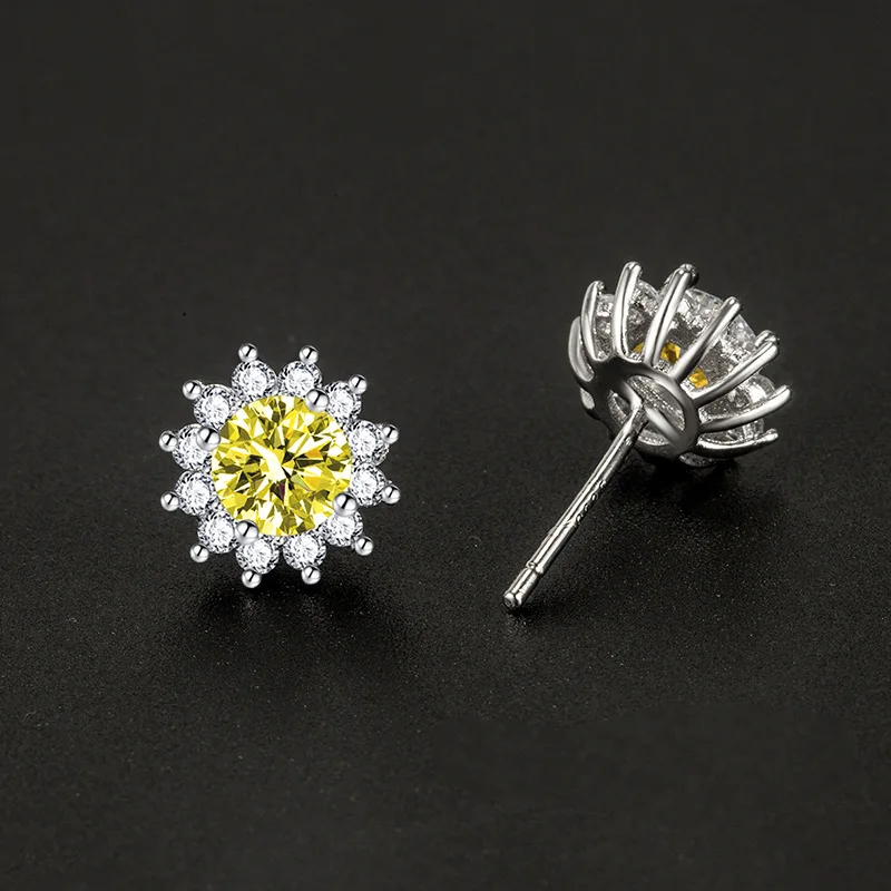 50 Points Moissanite Sunflower Stud Earrings for Women, Zircon Earrings, S925 Sterling Silver Pin Ear Jewelry